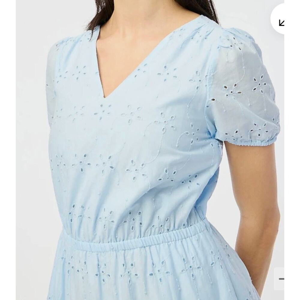J. Crew Midi Dress Women's 8 Blue V Neck Puff Sleeve Eyelet Tiered Feminine - Picture 4 of 15